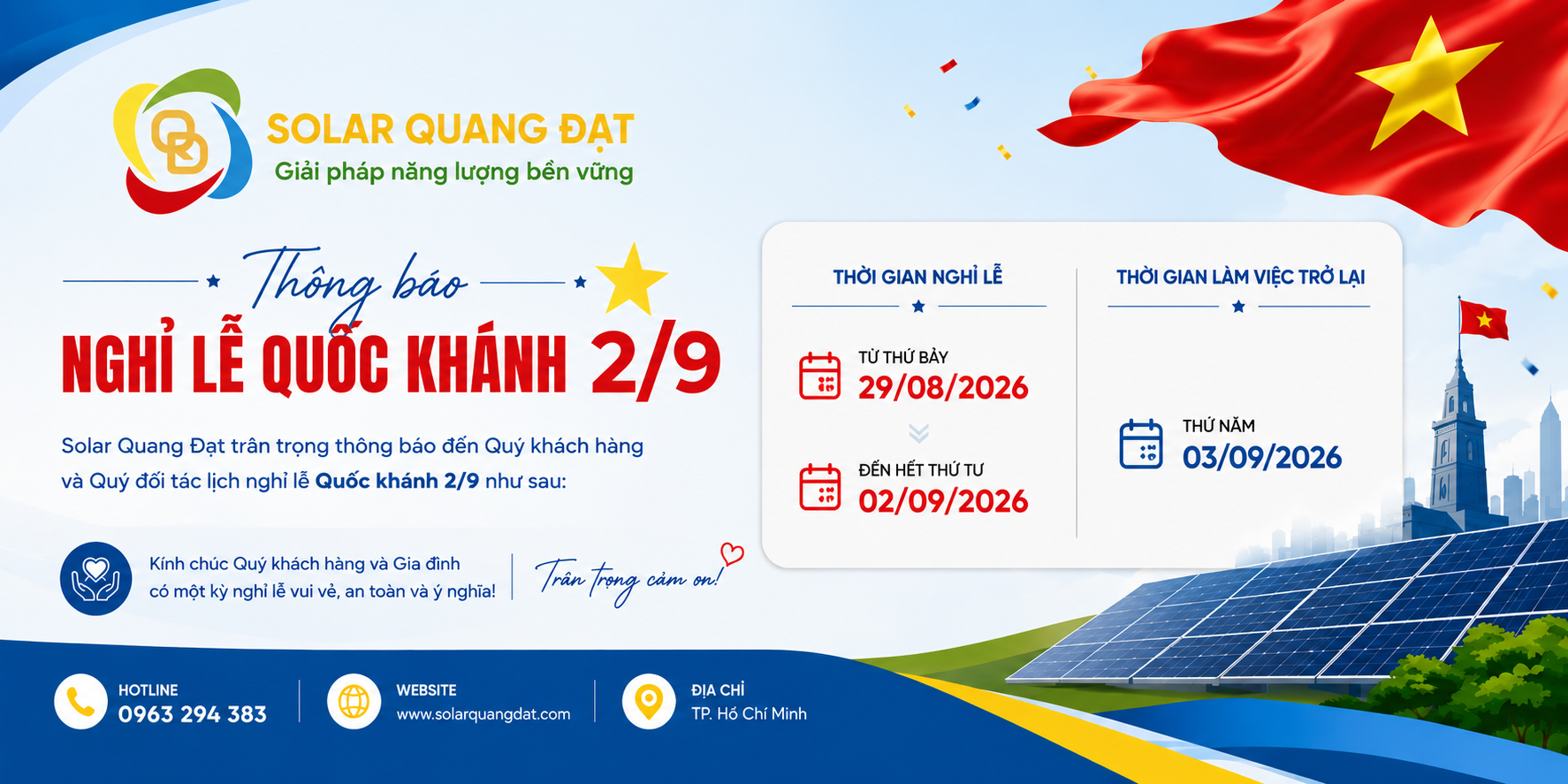 THÔNG BÁO LỊCH NGHỈ LỄ QUỐC KHÁNH 2/9/2026